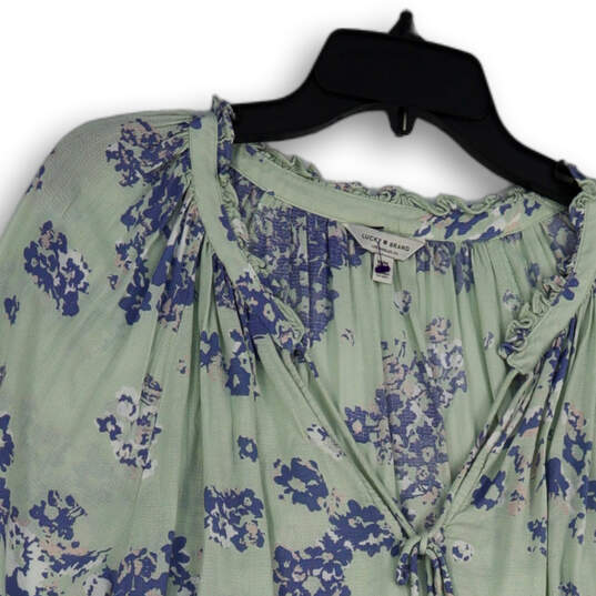 Womens Green Blue Floral Tie Neck Long Sleeve Blouse Top Size Medium image number 3
