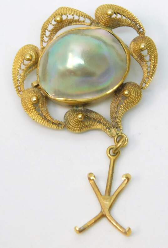 Vintage 14K Gold Blister Pearl Granulated Spun Accents Drop Charm Unique Brooch For Repair 4.1g image number 2
