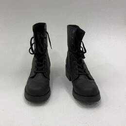 Womens Black Leather Round Toe Lace Up Ankle Combat Boots Size 10