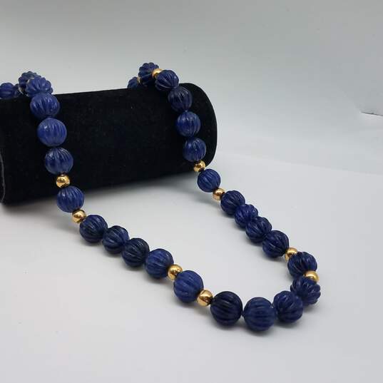Endless 14k Gold Carved Lapis Beaded Necklace 122.9g image number 3
