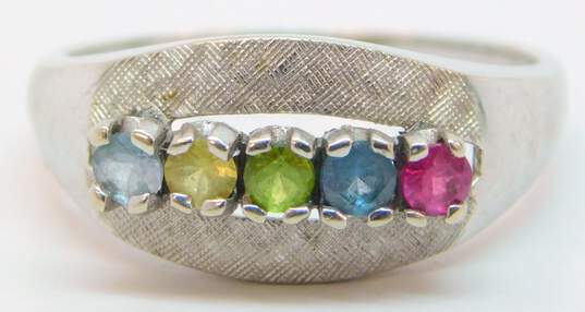 14K White Gold Aqua Pink Spinel Citrine Topaz & Peridot Brushed & Smooth Tapered Band Ring 3.8g image number 4