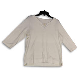 Womens White Split Neck 3/4 Sleeve Slit Pullover Blouse Top Size L Reg