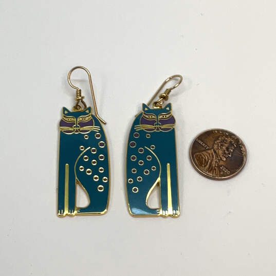 Designer Laurel Burch Gold-Tone Cat Turquoise Enamel Dangle Earrings image number 3