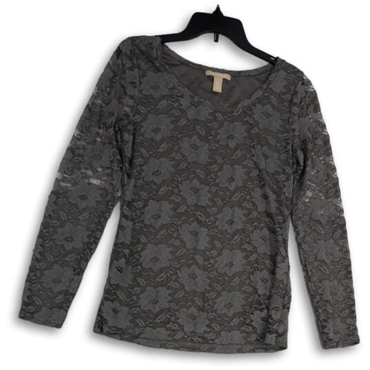 Womens Gray Floral Lace Round Neck Long Sleeve Pullover Blouse Top Size M image number 1