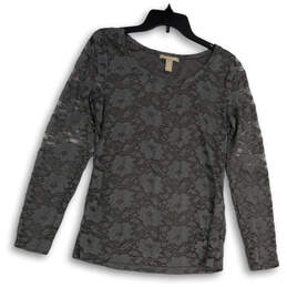 Womens Gray Floral Lace Round Neck Long Sleeve Pullover Blouse Top Size M
