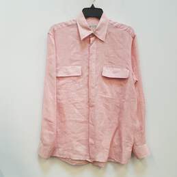 Mens Pink Linen Long Sleeve Collared Casual Button Up Shirt Size 15