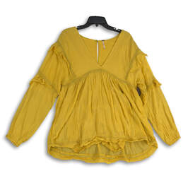 Womens Yellow Ruffle Pleated V-Neck Long Sleeve One Piece Romper Size XS