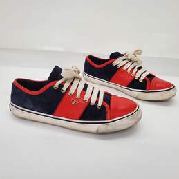 Tory Burch Blue Suede Red Leather Lace Up Sneakers Women's Size 8M alternative image