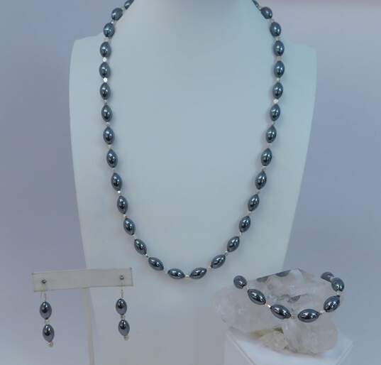 Artisan Silvertone Hematite Oval & Hammered Beaded Necklace Drop Earrings & Bracelet Set 95.5g image number 1