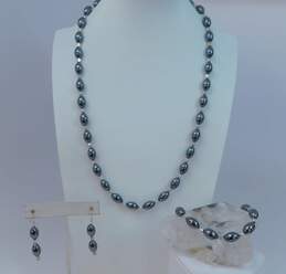 Artisan Silvertone Hematite Oval & Hammered Beaded Necklace Drop Earrings & Bracelet Set 95.5g