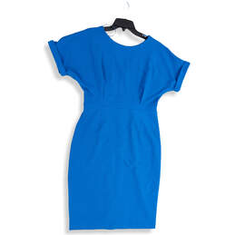 NWT Womens Blue Short Sleeve Round Neck Back Zip Sheath Dress Size Large