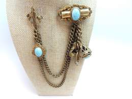 Vintage Victorian Revival Turquoise Glass Chatelaine Swag Chain Brooch 62.2g