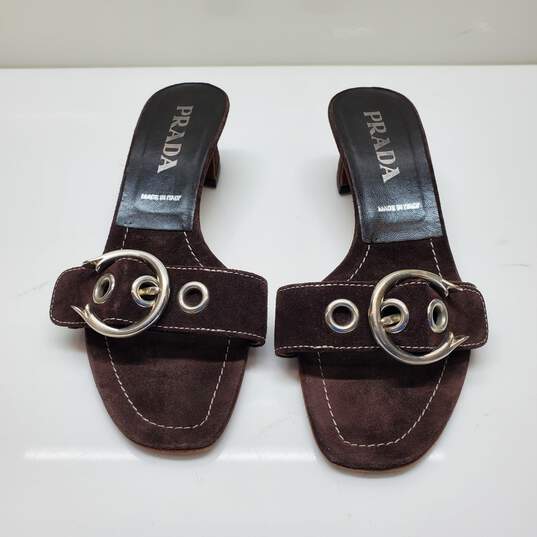 Prada Brown Suede Buckle Open Toe Mules Size 38 AUTHENTICATED image number 1