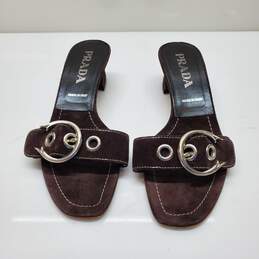 Prada Brown Suede Buckle Open Toe Mules Size 38 AUTHENTICATED