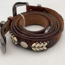 Pair Of 2 Womens Brown Leather Beaded Adjustable Waist Belt With Silver Buckle