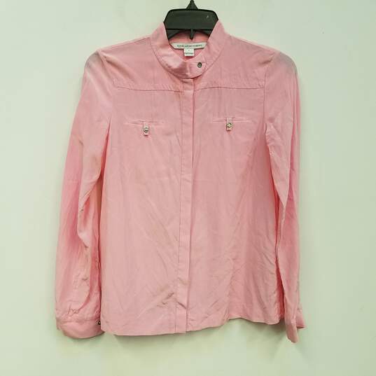 Womens Pink Silk Long Sleeve Band Collar Casual Button-Up Shirt Size 2 image number 1