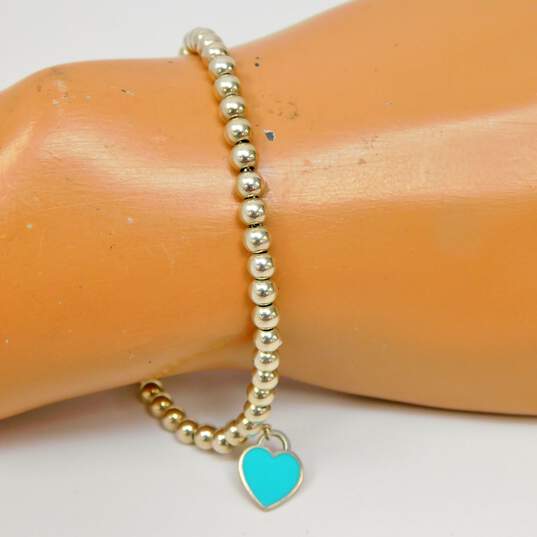 Tiffany & Co 925 Blue Enamel Please Return To Heart Charm Ball Bead Bracelet image number 7