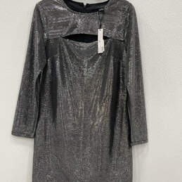 NWT Womens Silver Black Long Sleeve Round Neck Back Zip Mini Dress Size M