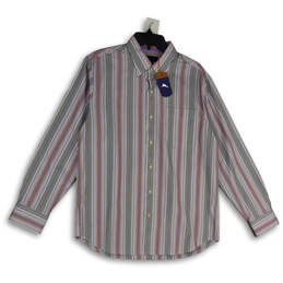 NWT Mens Pink Gray Striped Spread Collar Long Sleeve Button-Up Shirt Size M