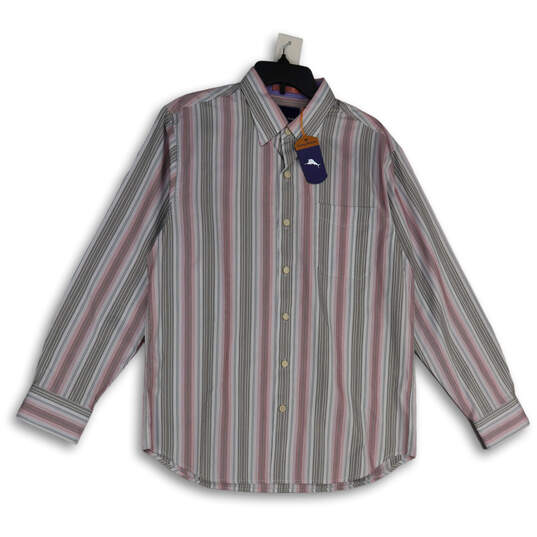 NWT Mens Pink Gray Striped Spread Collar Long Sleeve Button-Up Shirt Size M image number 1