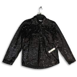 NWT Chico's Womens Black Sequin Collared Long Sleeve Blouse Top Size 1