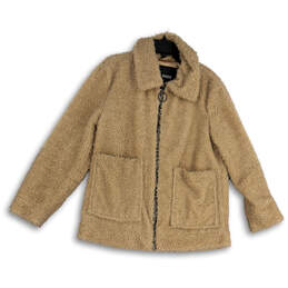 Womens Beige Long Sleeve Front Pockets Fur Trim Full-Zip Jacket Size Medium