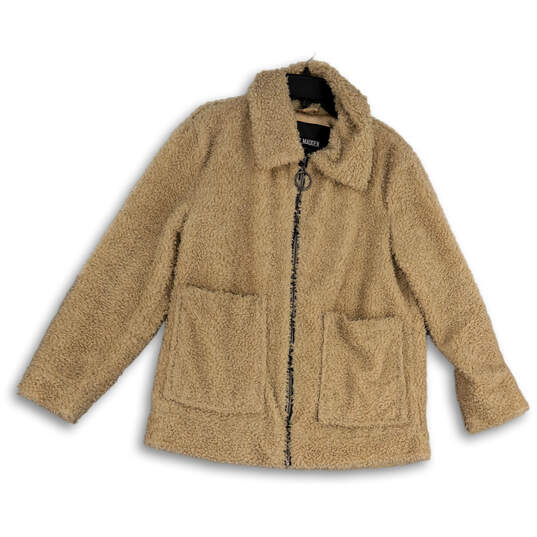 Womens Beige Long Sleeve Front Pockets Fur Trim Full-Zip Jacket Size Medium image number 1