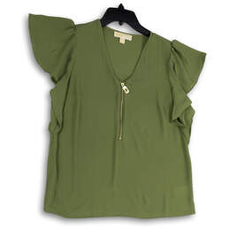 Womens Green V-Neck Ruffle Short Sleeve Pullover Blouse Top Size Medium