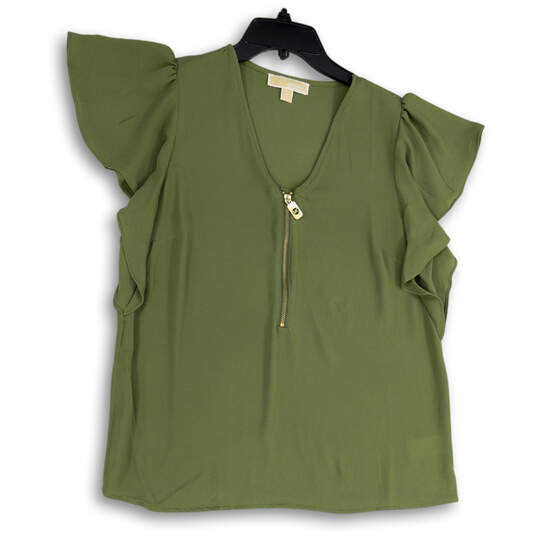 Womens Green V-Neck Ruffle Short Sleeve Pullover Blouse Top Size Medium image number 1