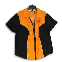 Womens Black Orange Short Sleeve Spread Collar Front Zip Blouse Top Size 1W