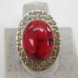Taxco Mexico 925 Modernist Faux Red Jasper Cabochon Woven Stamped Oval Chunky Ring 14.3g alternative image