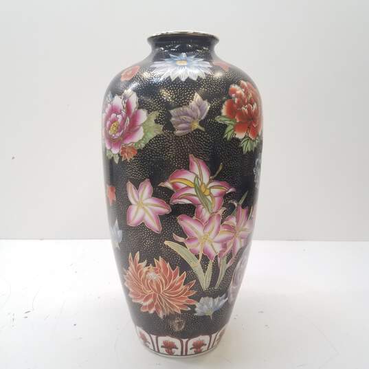 Oriental Porcelain Table Vase  14 in High  Floral Motif /Black image number 2
