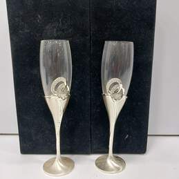 2 Champagne  Flutes with Silver Cake Knife and Server IOB alternative image
