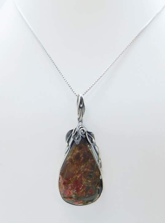 Artisan 925 Red Ammolite Fossil Calla Lilies Teardrop Statement Pendant Box Chain Necklace 22.1g image number 1