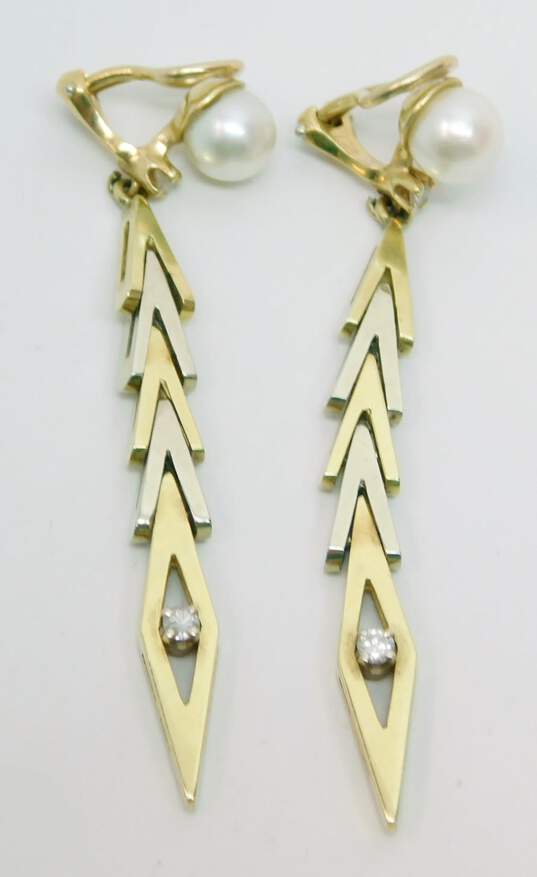 Elegant 14K Two Tone Gold Pearl 0.28 CTTW Diamond Chevron Dangle Omega Clip Earrings 12.3g image number 4