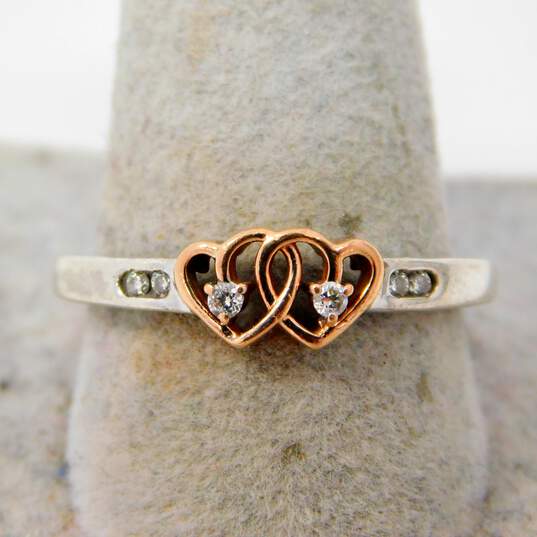 Romantic 10K Rose Gold Hearts & 925 Sterling Silver Diamond Accent Ring 1.9g image number 2