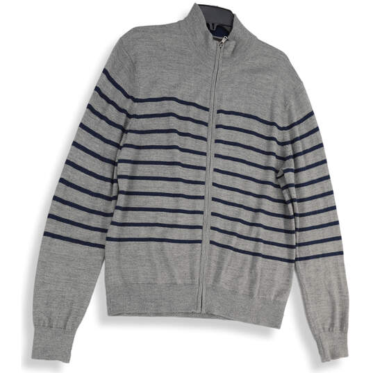 Mens Gray Blue Knitted Striped Long Sleeve Full-Zip Cardigan Sweater Size M image number 4