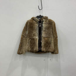 Womens Brown Long Sleeve Pockets Hooded Full Zip Rabbit Fur Coat Size 12
