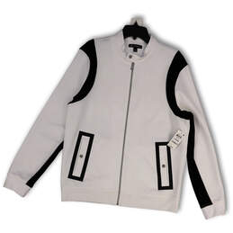 NWT Womens White Black Long Sleeve Pockets Full-Zip Biker Jacket Size Large