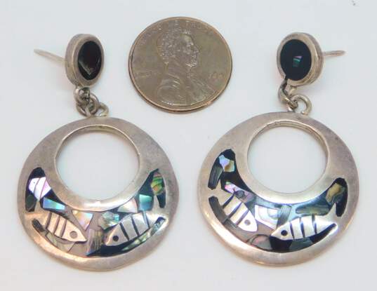 Taxco Sterling Silver Abalone Inlay Fish Open Circle Dangle Earrings 16.7g image number 6