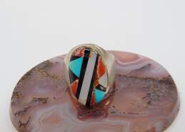 Southwestern Signed DTI 925 Turquoise Coral Onyx Shell Ring 10.0g