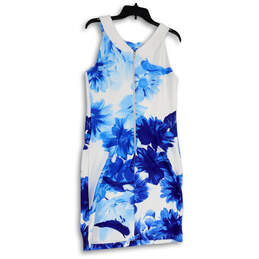 Womens Blue White Floral Halter Neck Back Zip Short Sheath Dress Size 12 alternative image