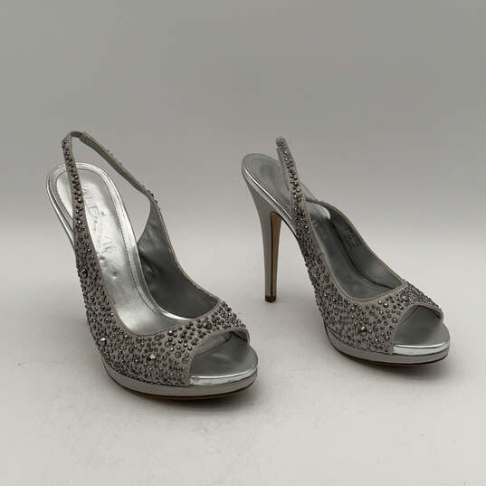 Womens Silver Leather Rhinestone Peep Toe Stiletto Slingback Heels Size 7 image number 1