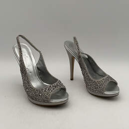 Womens Silver Leather Rhinestone Peep Toe Stiletto Slingback Heels Size 7