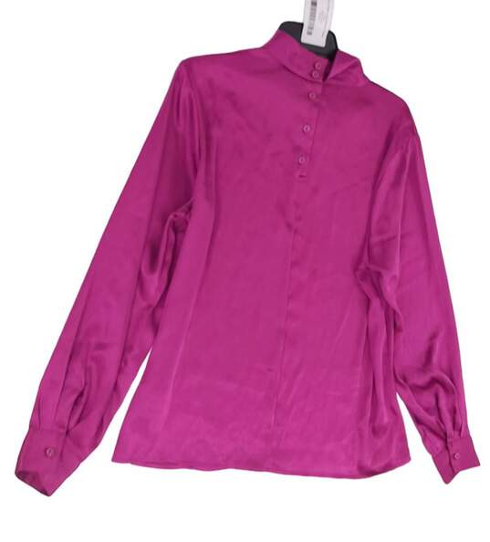 Womens Purple Long Sleeve Stand Collar Button Up Blouse Top Size Large image number 4