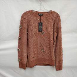 NWT DG2 By Diane Gilman WM's Embellished Cable Knit Amber Crewneck Sweater Size M