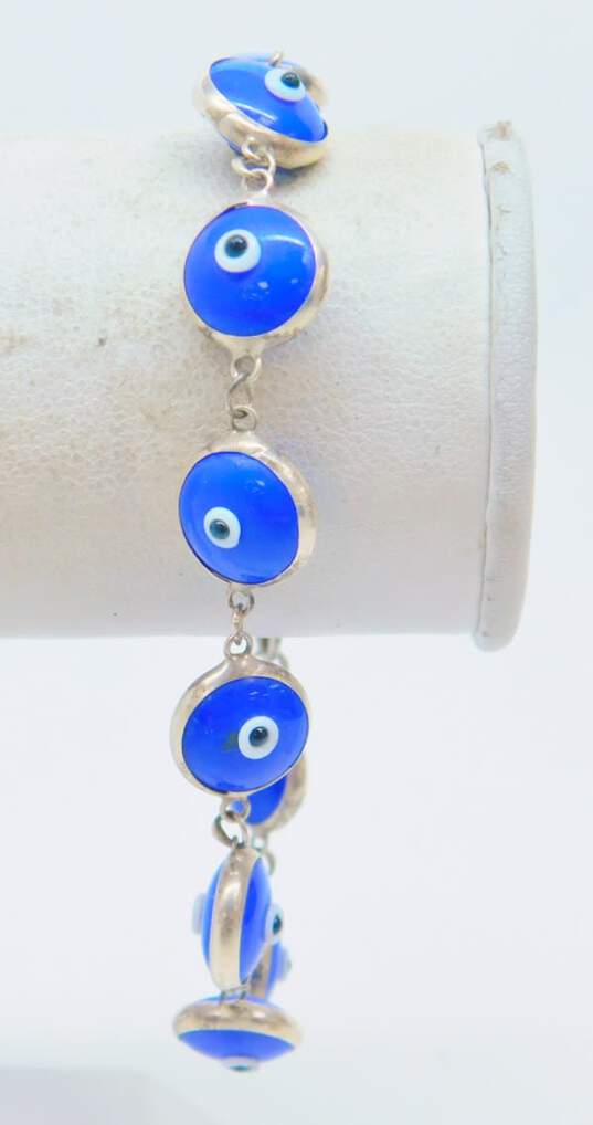 Artisan 925 Modernist Brushed Oval Pendant Necklace Chunky Concave Rectangle Post Earrings & Blue Glass Evil Eyes Linked Bracelet 23.7g image number 3
