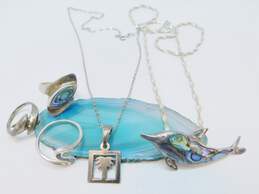 Beachy 925 Abalone Inlay Dolphin & Palm Tree Pendant Necklaces & Shell Wavy & Dolphins Rings 21.8g