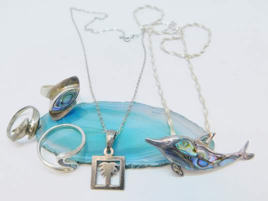 Beachy 925 Abalone Inlay Dolphin & Palm Tree Pendant Necklaces & Shell Wavy & Dolphins Rings 21.8g image number 1