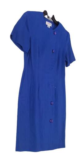 Womens Blue Round Neck Short Sleeve Button Front Sheath Dress Size 8P alternative image